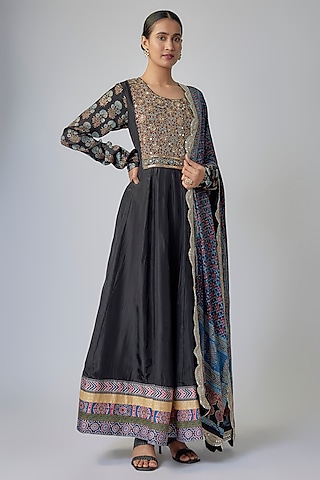 Black Modal Silk Ajrakh Printed Anarkali Set by Priyanka Jha
