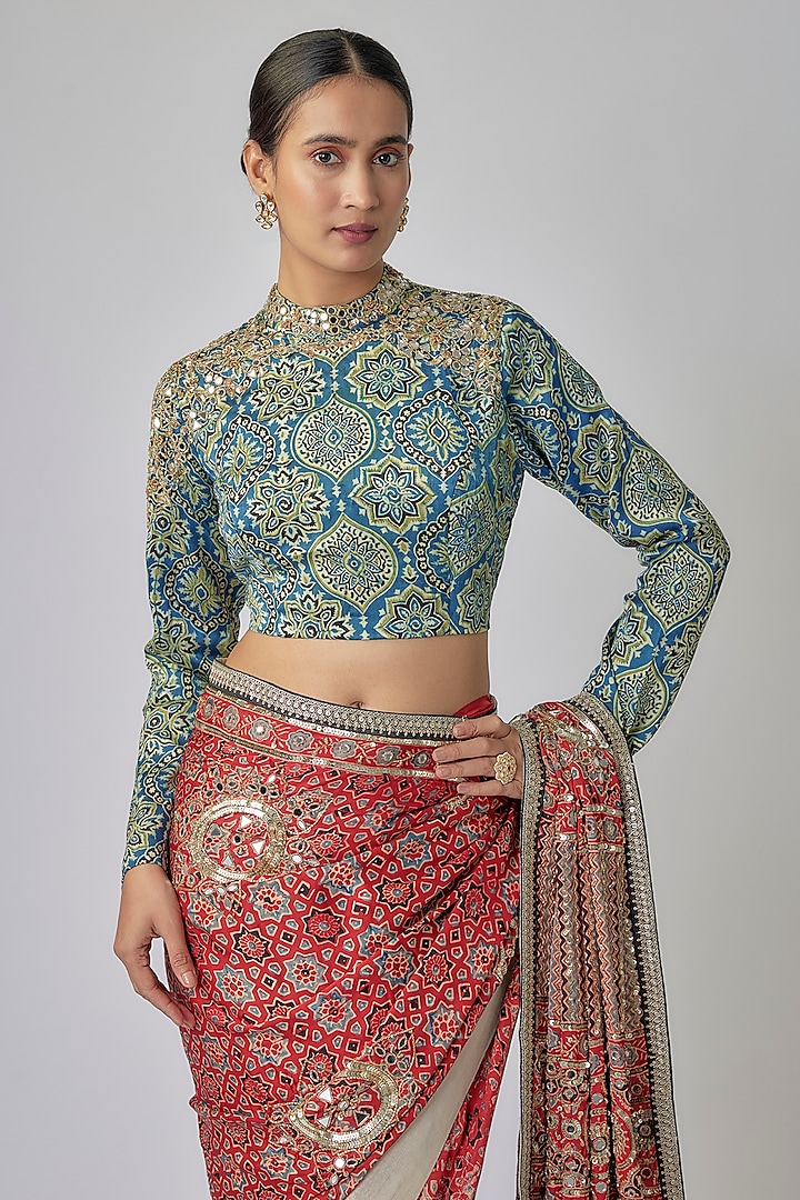 Earthy Red Modal Satin Ajrakh Hand Embroidered Wedding Saree Set by Priyanka Jha at Pernia's Pop Up Shop