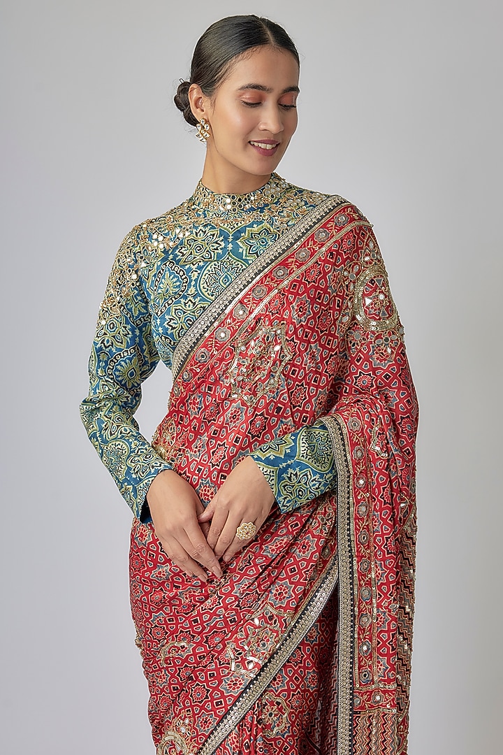 Earthy Red Modal Satin Ajrakh Hand Embroidered Wedding Saree Set by Priyanka Jha at Pernia's Pop Up Shop