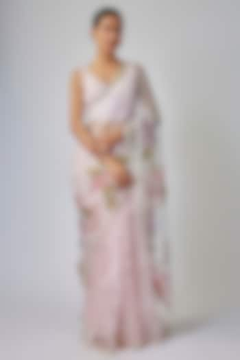 Blush Pink Organza Floral Hand Painted Saree Set by Priyanka Jha at Pernia's Pop Up Shop