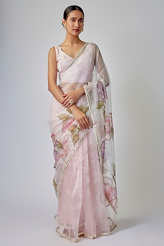 Blush Pink Organza Floral Hand Painted Saree Set by Priyanka Jha