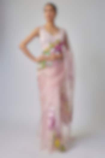 Blush Pink Organza Floral Hand Painted Saree Set by Priyanka Jha at Pernia's Pop Up Shop