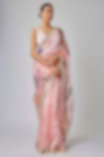 Pale Peach Organza Floral Hand Painted Saree Set by Priyanka Jha at Pernia's Pop Up Shop