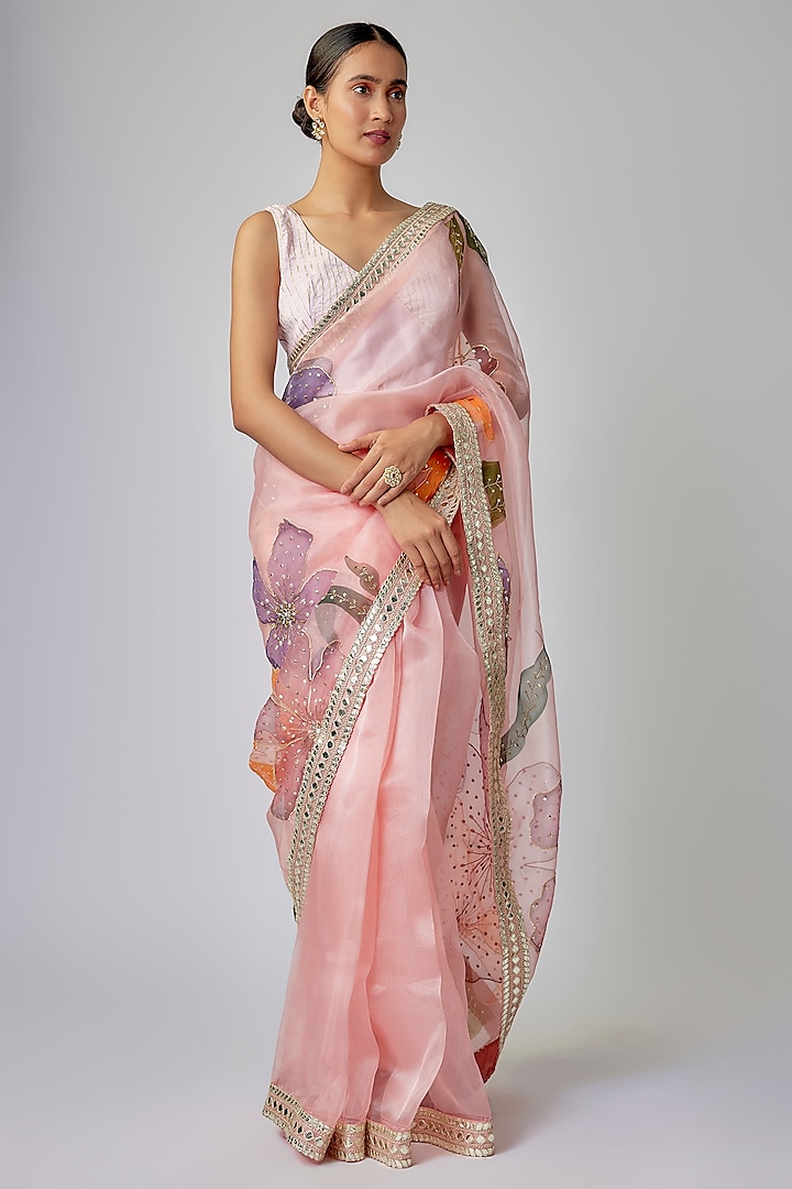 Pale Peach Organza Floral Hand Painted Saree Set by Priyanka Jha at Pernia's Pop Up Shop