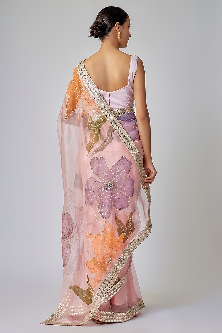 Pale Peach Organza Floral Hand Painted Party Wear Saree Set by Priyanka Jha at Pernia's Pop Up Shop