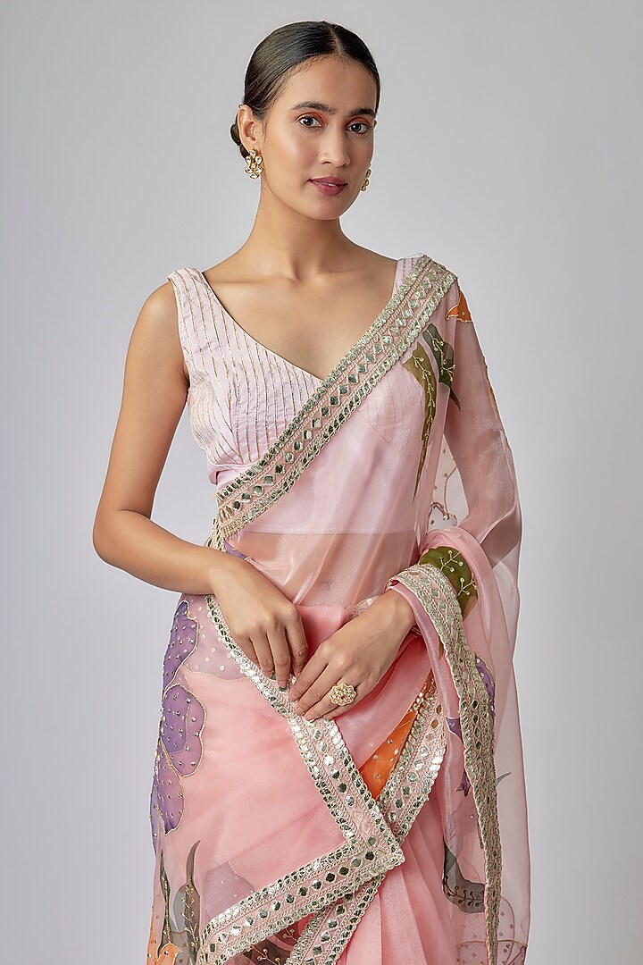 Pale Peach Organza Floral Hand Painted Party Wear Saree Set by Priyanka Jha at Pernia's Pop Up Shop