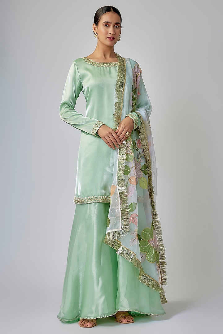 Pale Pista Green Liquid Organza Gharara Set by Priyanka Jha at Pernia's Pop Up Shop