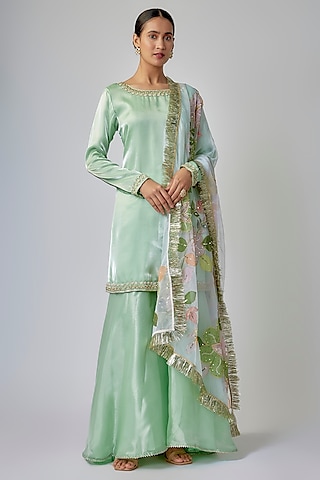 Pale Pista Green Liquid Organza Gharara Set by Priyanka Jha