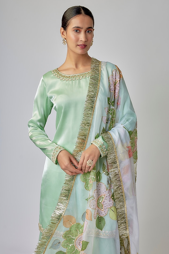 Pale Pista Green Liquid Organza Gharara Set by Priyanka Jha at Pernia's Pop Up Shop