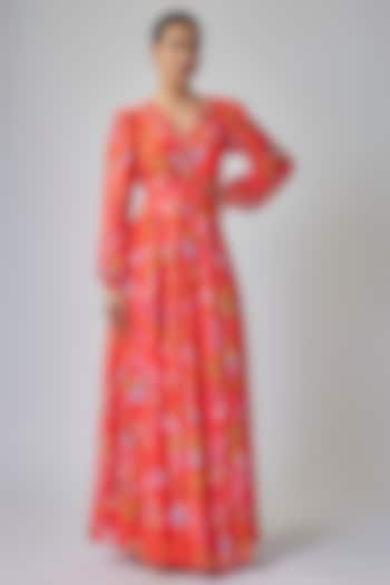 Tomato Red Georgette Digital Printed Maxi Dress by Priyanka Jha at Pernia's Pop Up Shop