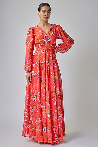 Tomato Red Georgette Digital Printed Maxi Dress by Priyanka Jha