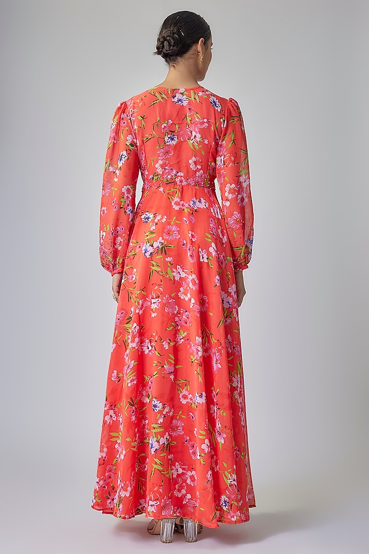 Tomato Red Georgette Digital Printed Maxi Summer Dress by Priyanka Jha at Pernia's Pop Up Shop