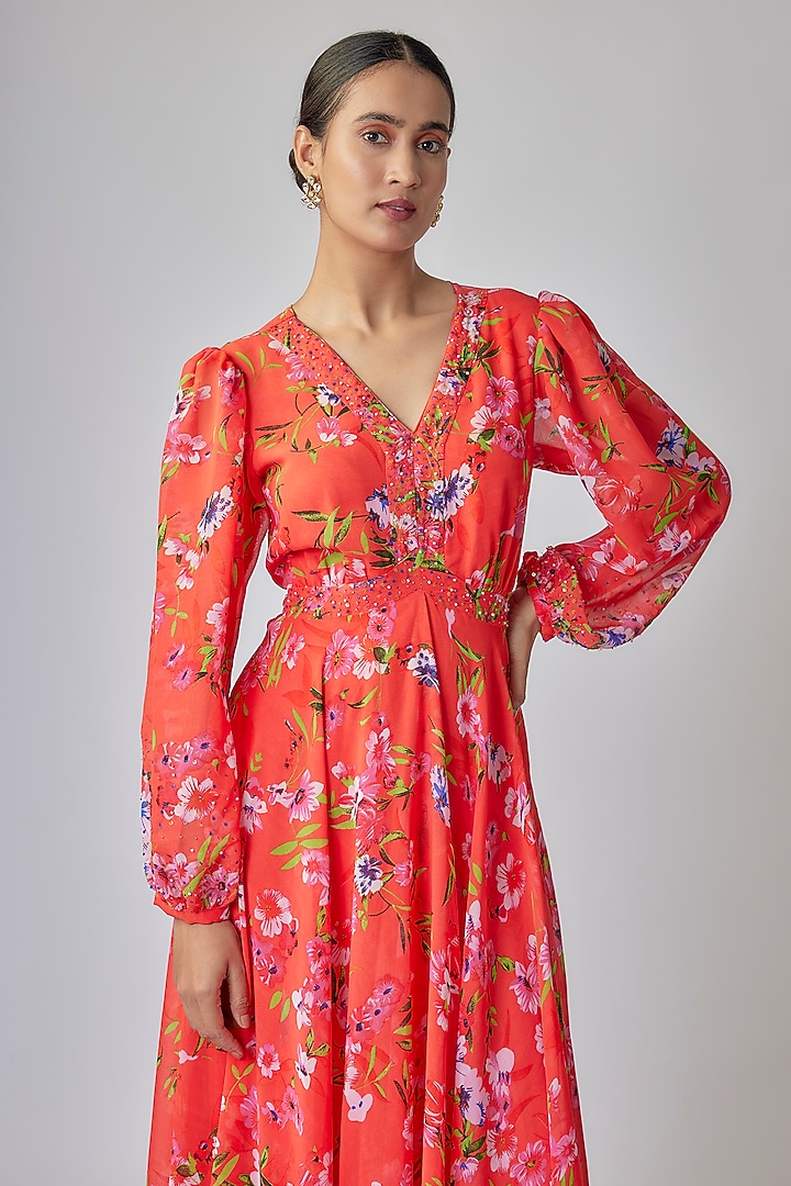 Tomato Red Georgette Digital Printed Maxi Summer Dress by Priyanka Jha at Pernia's Pop Up Shop