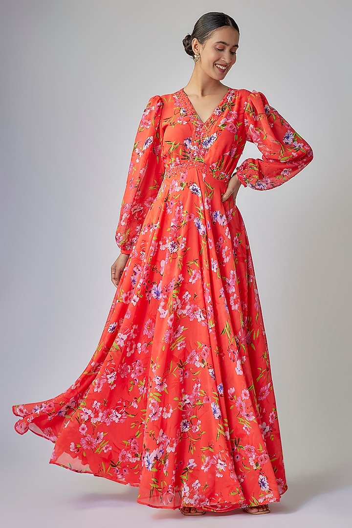 Tomato Red Georgette Digital Printed Maxi Summer Dress by Priyanka Jha at Pernia's Pop Up Shop