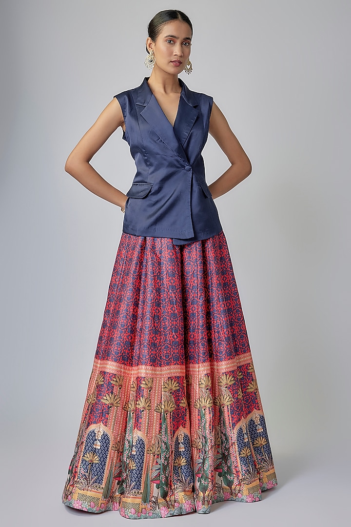 Magenta & Blue Modal Satin Digital Printed Lehenga Set by Priyanka Jha at Pernia's Pop Up Shop