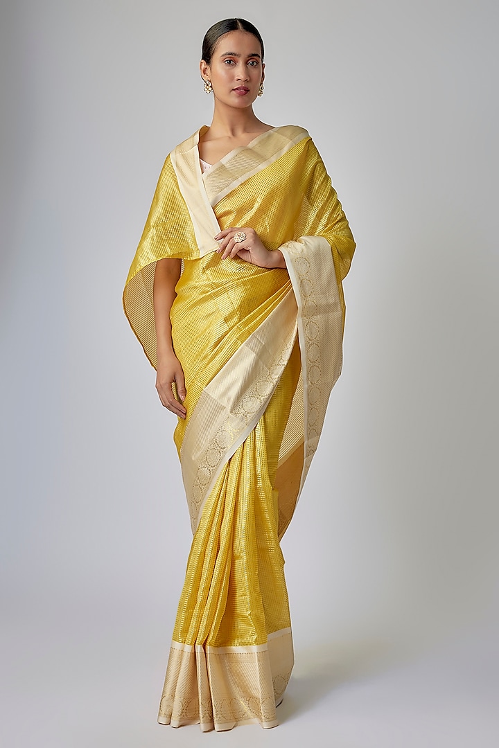 Mustard Yellow Blended Silk Saree Set by Priyanka Jha at Pernia's Pop Up Shop