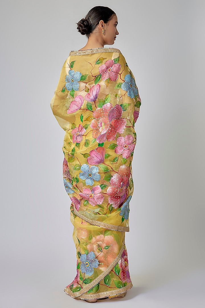 Yellow Organza Floral Hand Painted Wedding Saree Set by Priyanka Jha at Pernia's Pop Up Shop