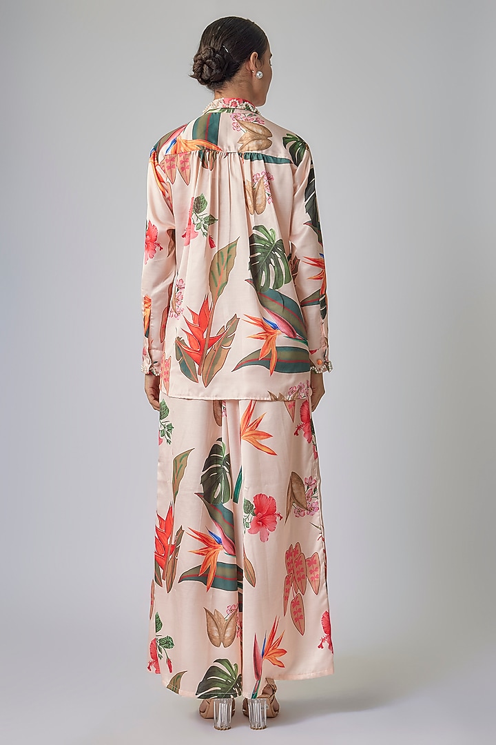 Cream Modal Satin Floral Digital Printed Co-Ord Set by Priyanka Jha at Pernia's Pop Up Shop