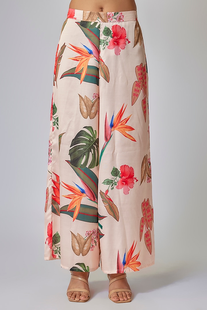 Cream Modal Satin Floral Digital Printed Co-Ord Set by Priyanka Jha at Pernia's Pop Up Shop