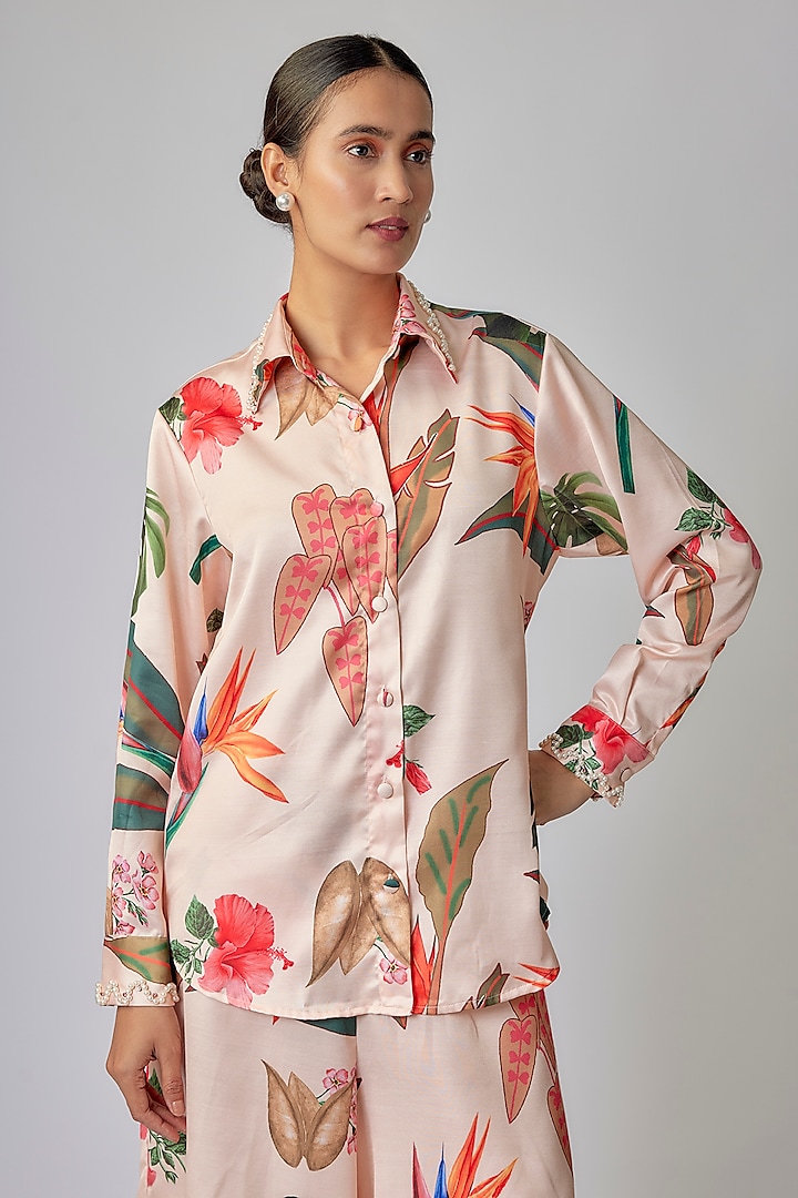 Cream Modal Satin Floral Digital Printed Co-Ord Set by Priyanka Jha at Pernia's Pop Up Shop