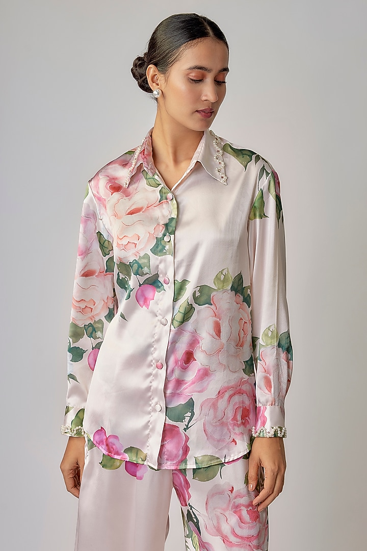 Blush Pink Modal Satin Floral Digital Printed Co-Ord Set by Priyanka Jha at Pernia's Pop Up Shop