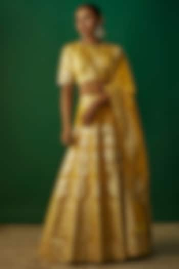 Turmeric Yellow Banarasi Organza Hand Embroidered Wedding Lehenga Set by Priyanka Jha at Pernia's Pop Up Shop