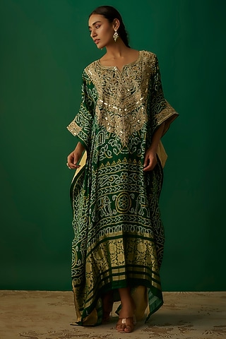 Bottle Green Satin Silk Hand Embroidered & Bandhani Printed Kaftan by Priyanka Jha