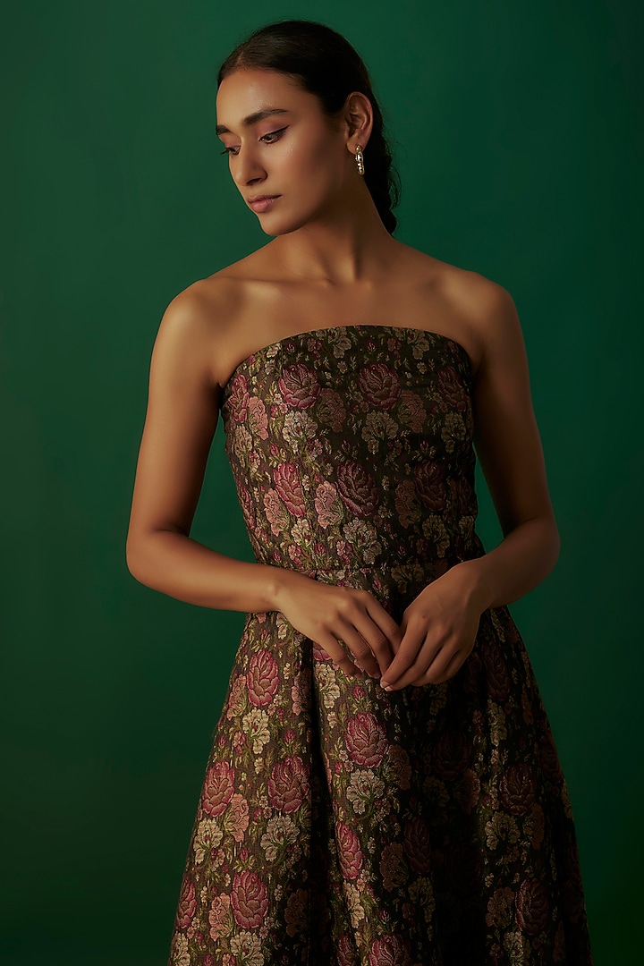 Military Green & Multi-Colored Banarasi Silk Midi Vacation Dress by Priyanka Jha at Pernia's Pop Up Shop