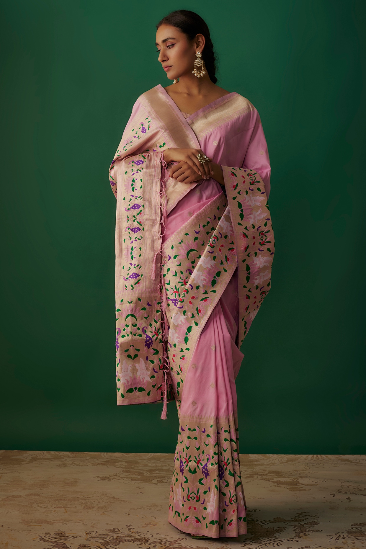 Baby Pink Traditional Woven Saree in Banarasi Kanchipuram Silk -...