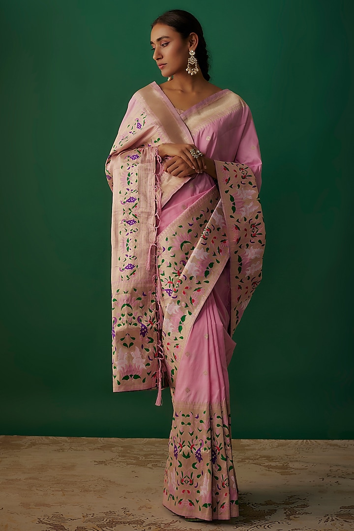 Baby Pink Viscose Paithani Silk Saree Set by Priyanka Jha