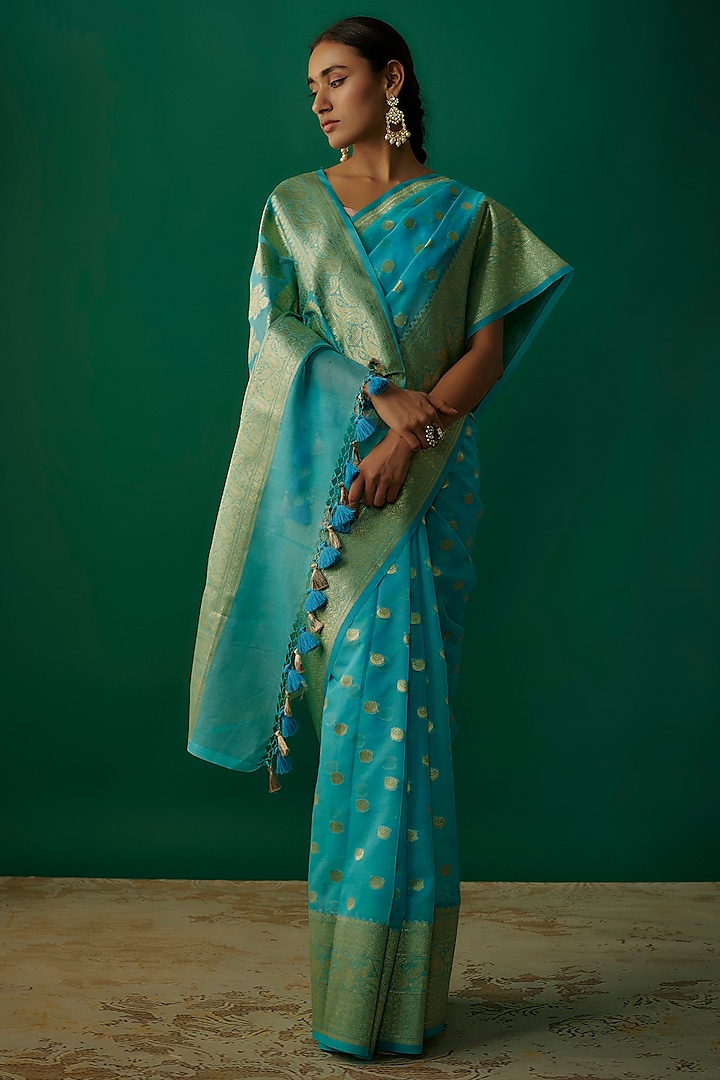 Turquoise Organza Banarasi Saree Set by Priyanka Jha