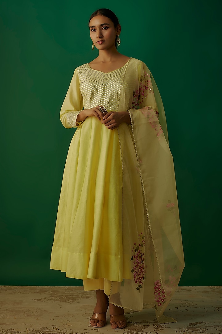 Lemon Yellow Silk Chanderi Gota Patti Anarkali Set by Priyanka Jha
