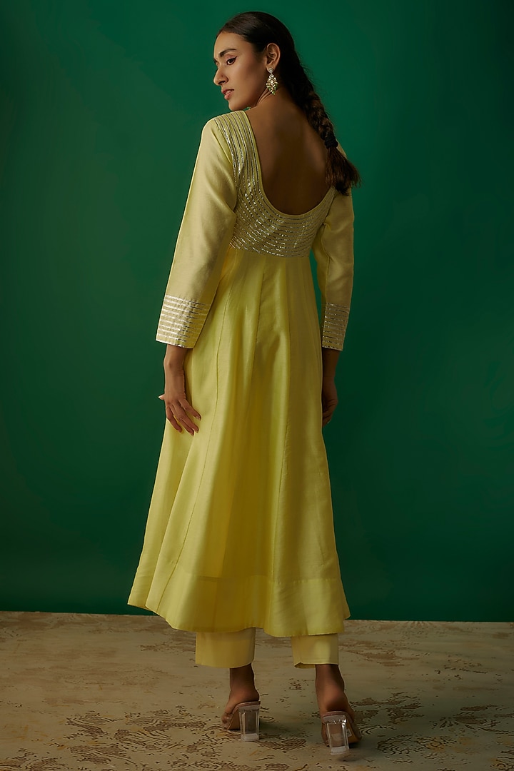 Lemon Yellow Silk Chanderi Gota Patti Party Wear Anarkali Set by Priyanka Jha at Pernia's Pop Up Shop