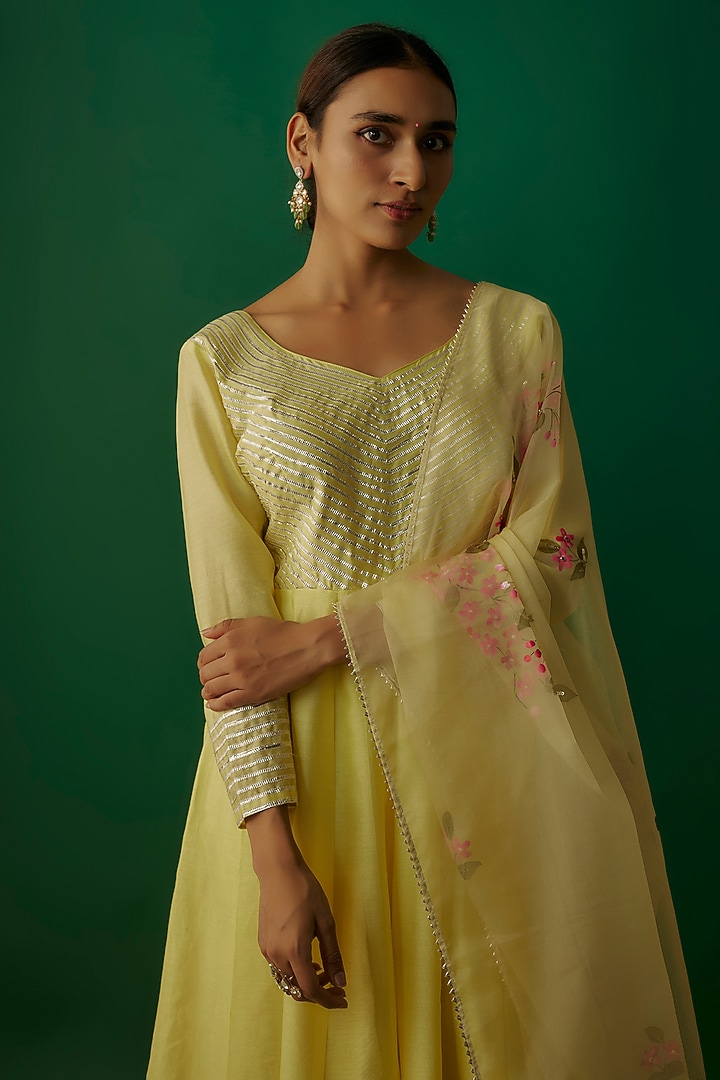 Lemon Yellow Silk Chanderi Gota Patti Party Wear Anarkali Set by Priyanka Jha at Pernia's Pop Up Shop