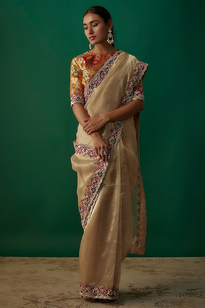 Gold Banarasi Silk Tissue Hand Embroidered Saree Set by Priyanka Jha