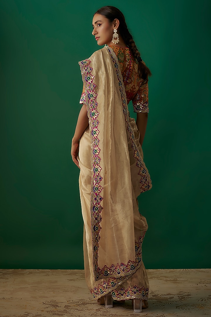 Gold Banarasi Silk Tissue Hand Embroidered Wedding Saree Set by Priyanka Jha at Pernia's Pop Up Shop