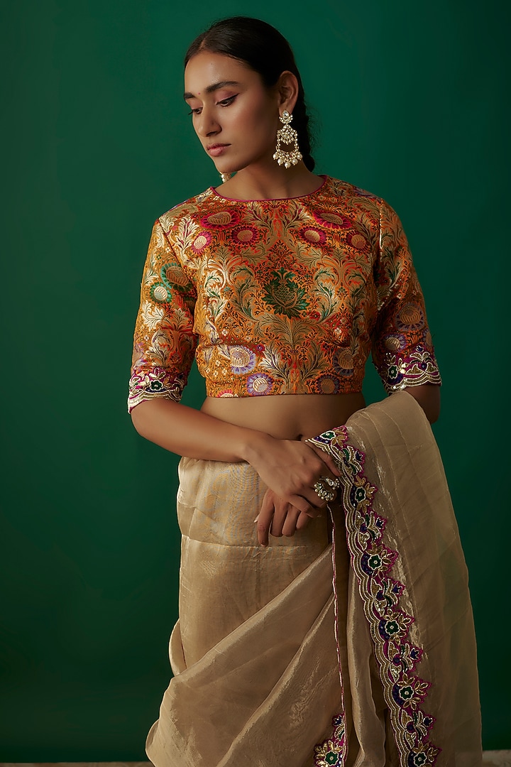 Gold Banarasi Silk Tissue Hand Embroidered Wedding Saree Set by Priyanka Jha at Pernia's Pop Up Shop