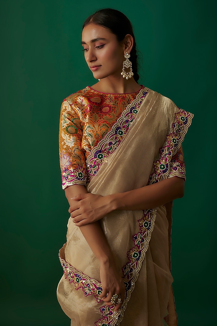 Gold Banarasi Silk Tissue Hand Embroidered Wedding Saree Set by Priyanka Jha at Pernia's Pop Up Shop