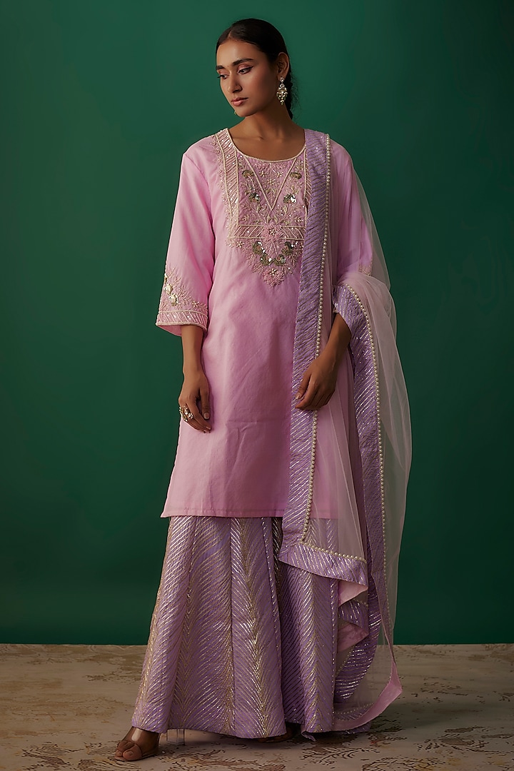 Baby Pink Chanderi Gota Patti Embellished Sharara Set by Priyanka Jha