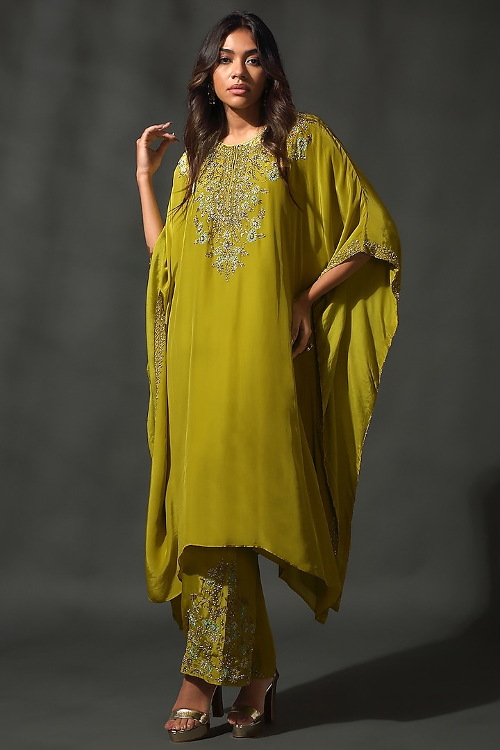 Yellow-Green Sheesha Silk Sequins Embroidered Kaftan Set by Priyanka Jain Pret