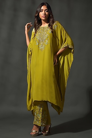 Yellow-Green Sheesha Silk Sequins Embroidered Kaftan Set by Priyanka Jain