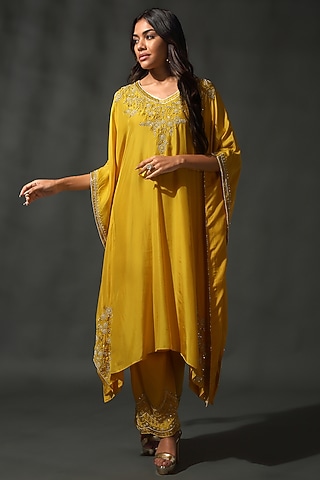 Yellow Sheesha Silk Sequins Embroidered Kaftan Set by Priyanka Jain