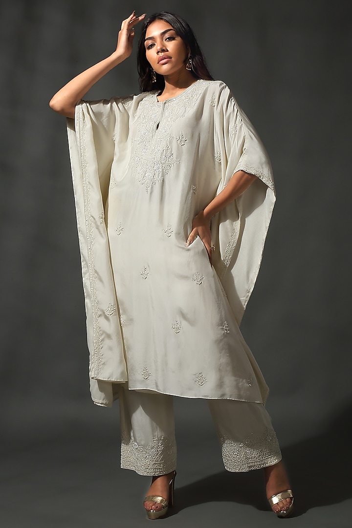 Ivory Sheesha Silk Sequins Embroidered Kaftan Set by Priyanka Jain Pret