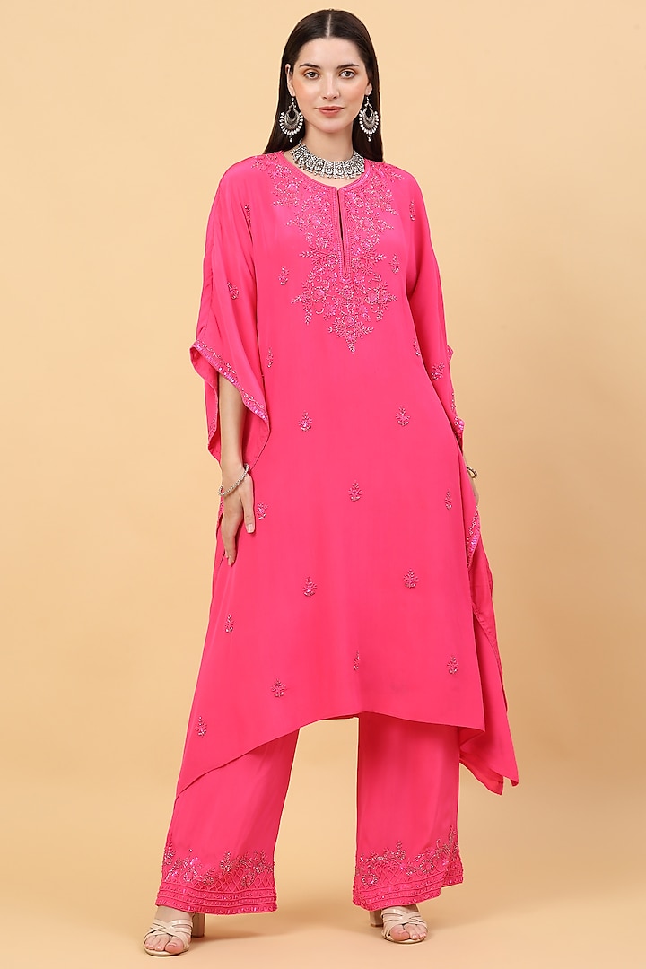 Fuchsia Pink Sheesha Silk Sequins Embroidered Kaftan Set by Priyanka Jain Pret