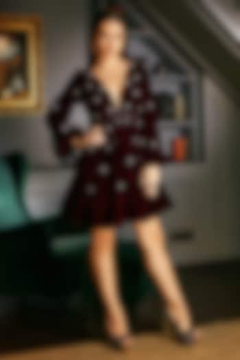 Wine Velvet Stone Work Vacation Dress by Priyanka Jain at Pernia's Pop Up Shop
