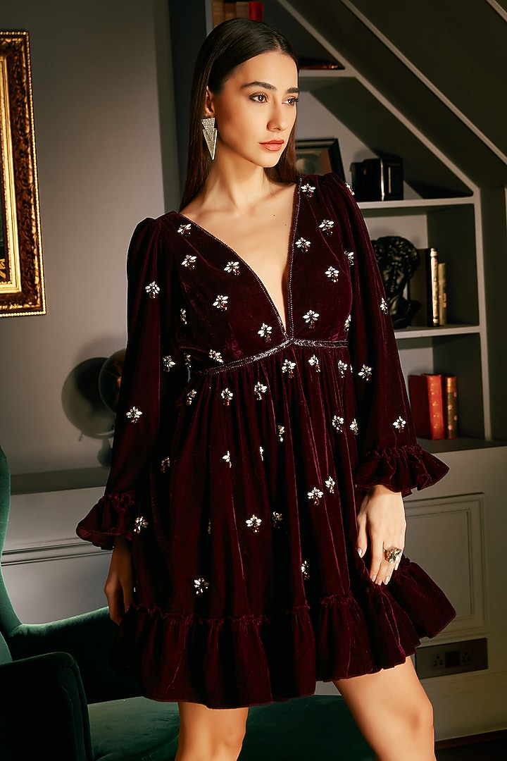 Wine Velvet Stone Work Vacation Dress by Priyanka Jain at Pernia's Pop Up Shop