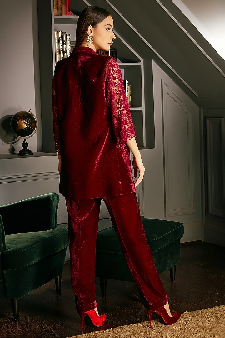 Wine Velvet Jacket Set by Priyanka Jain at Pernia's Pop Up Shop