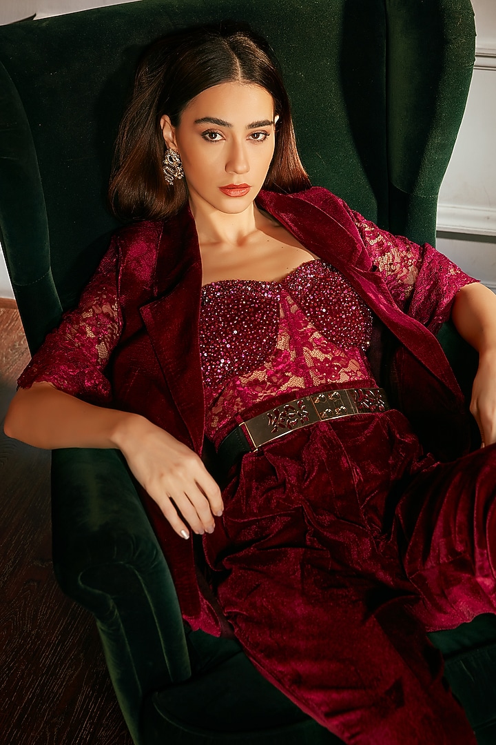 Wine Velvet Jacket Set by Priyanka Jain at Pernia's Pop Up Shop