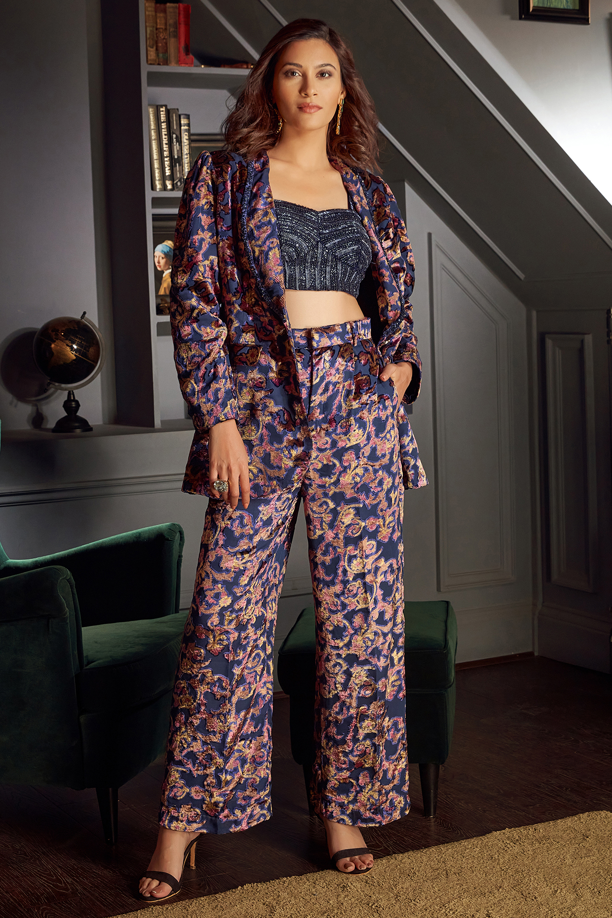 Midnight Blue Velvet Printed Jacket Set by Priyanka Jain at Pernia's Pop Up Shop