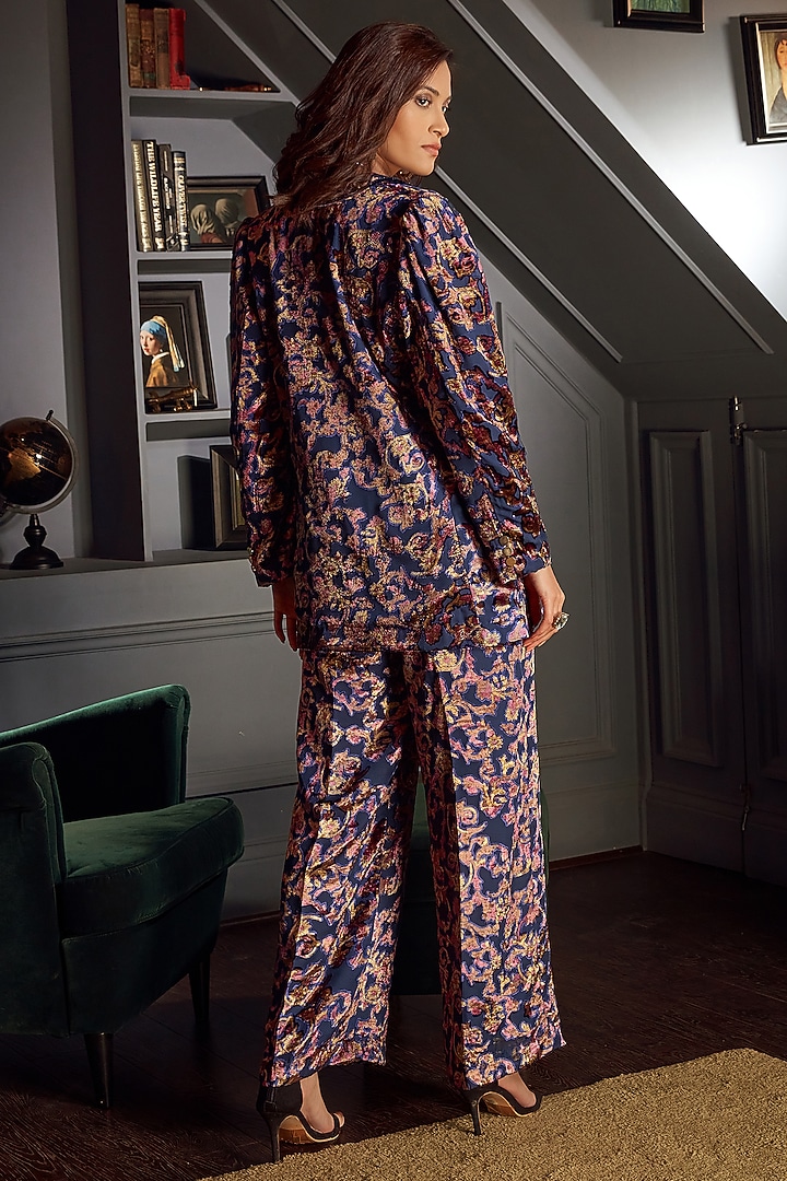 Midnight Blue Velvet Printed Jacket Set by Priyanka Jain at Pernia's Pop Up Shop